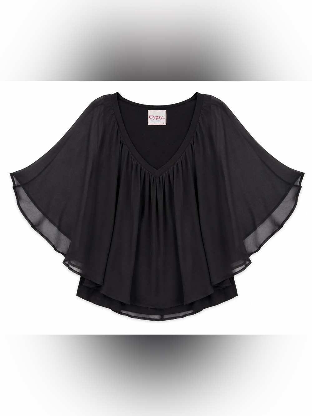 Gypsy 05 Black Silk Overlay Flutter Sleeve Boho Blouse Top S USA Made